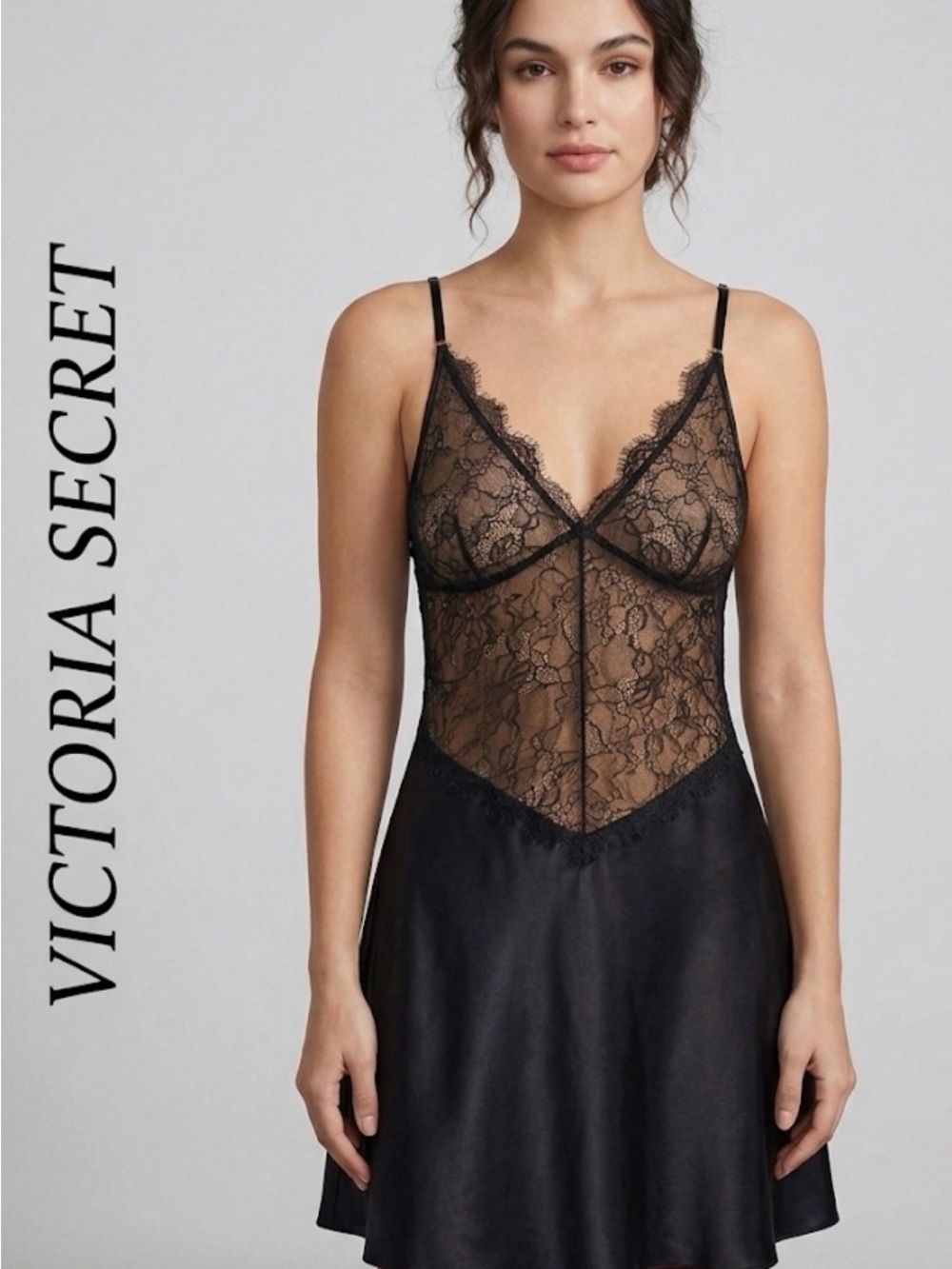 Victoria's Secret Black Satin & Lace Chemise Slip Dress - Size M